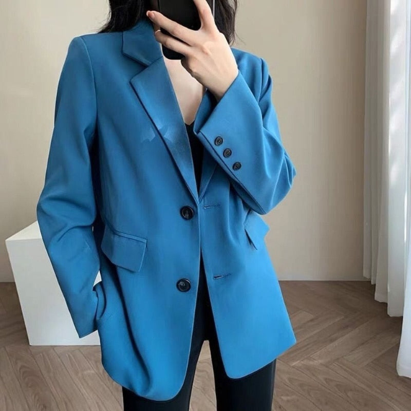 Blue Women Blazers Coat Spring New 2023 Korean Belt Tunic Single Button Jacket image 1