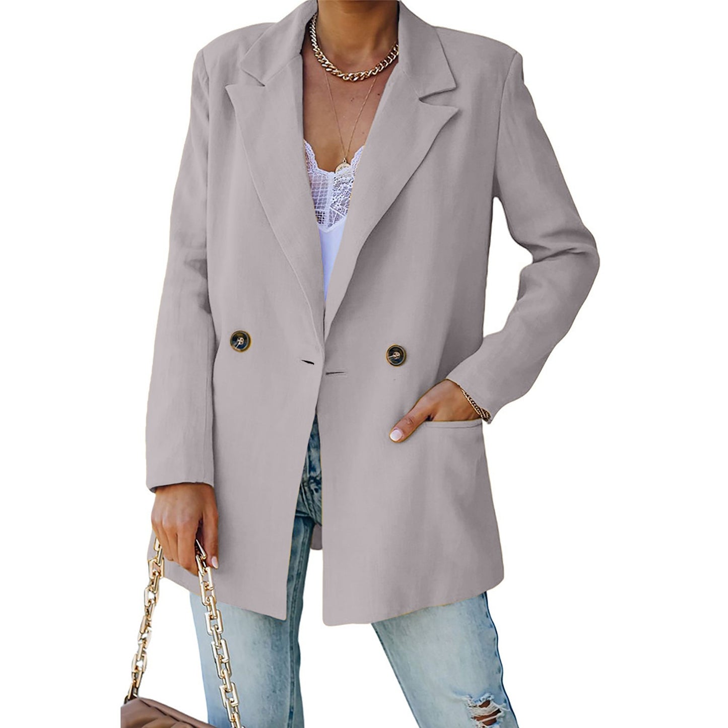 Women's Solid Color V Neck Lapel Double Kuckle Lohas Time Style Coat Casual Ver image 2