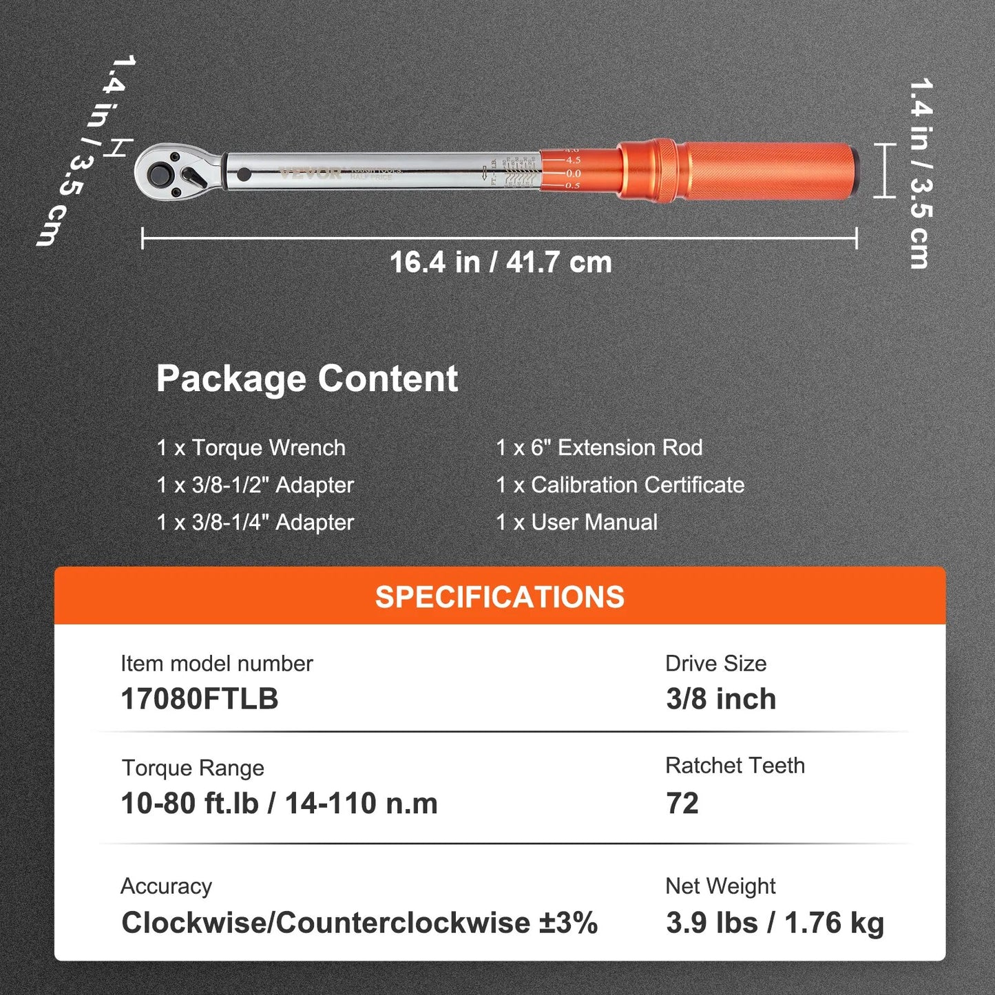 VEVOR 1/2" 1/4" 3/8" Mechanical Torque Wrench Set Precision Pointer Hand Tools image 3