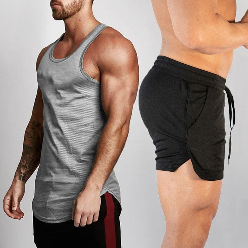 2pcs Sets Tank Top+Shorts Men Summer Joggers Suits Bodybuilding Fitness Men Tracksuits Gym Clothing Streetwear Mesh Sweatpant