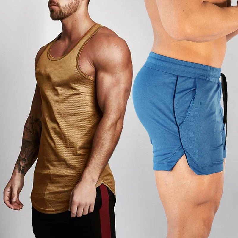 2pcs Sets Tank Top+Shorts Men Summer Joggers Suits Bodybuilding Fitness Men Tracksuits Gym Clothing Streetwear Mesh Sweatpant