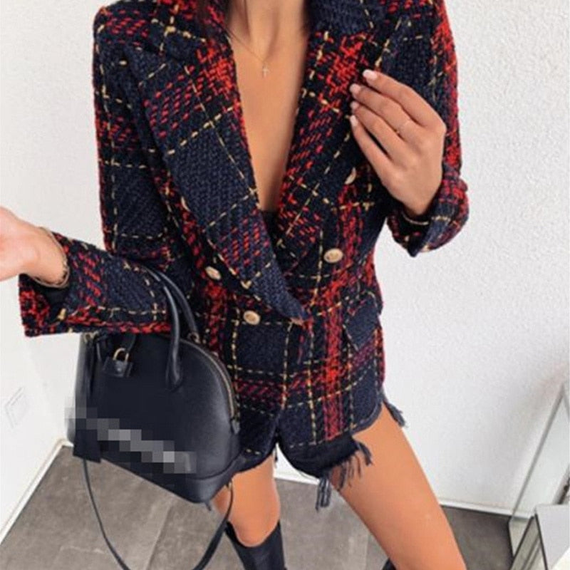 Vintage Red Plaid Blazers Women Double Breasted Autumn Tweed Suits Coats Lapel image 4