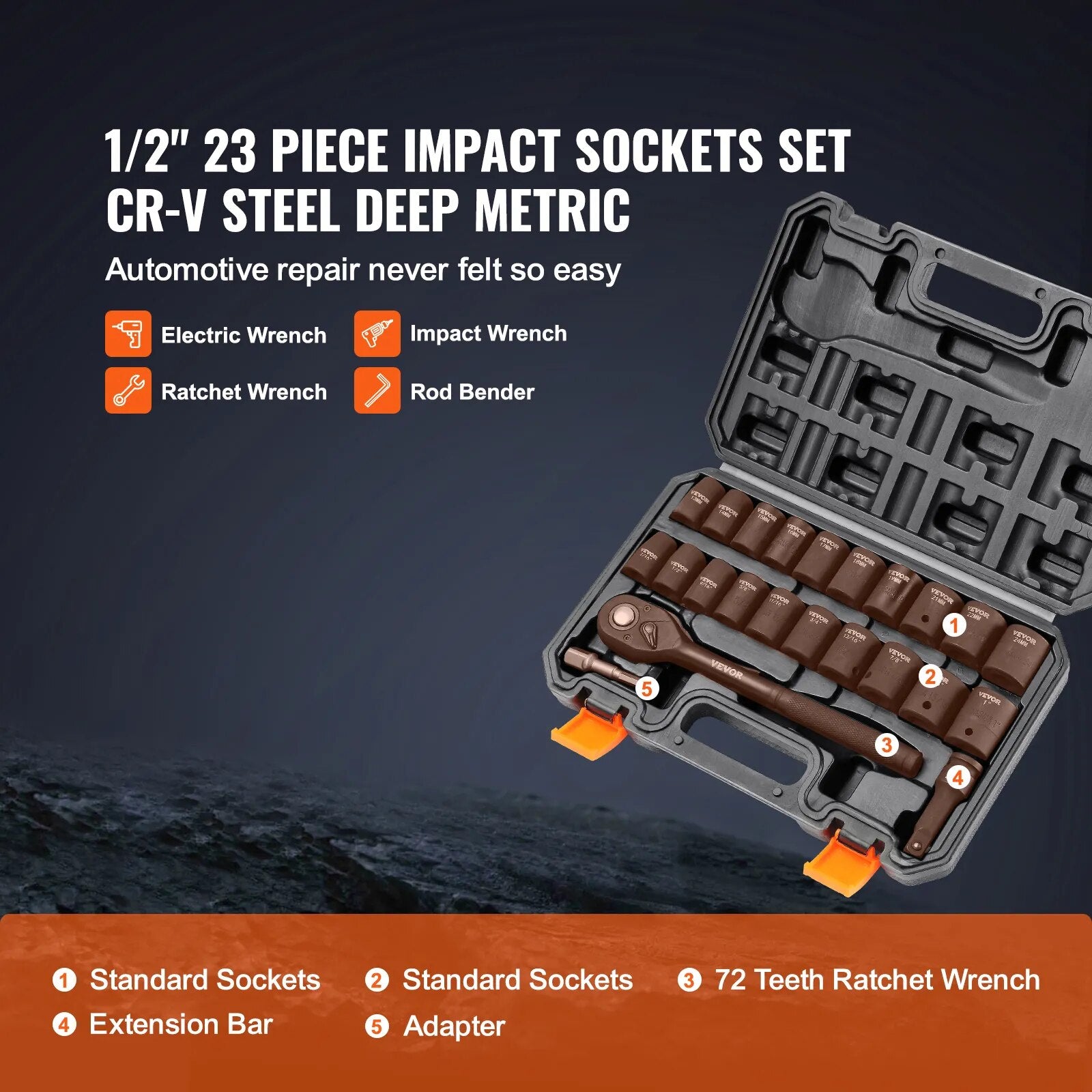 VEVOR 1/2" 3/8" Drive Impact Socket Set 23/33/34/48/65 PCs Deep Socket Set SAE image 3