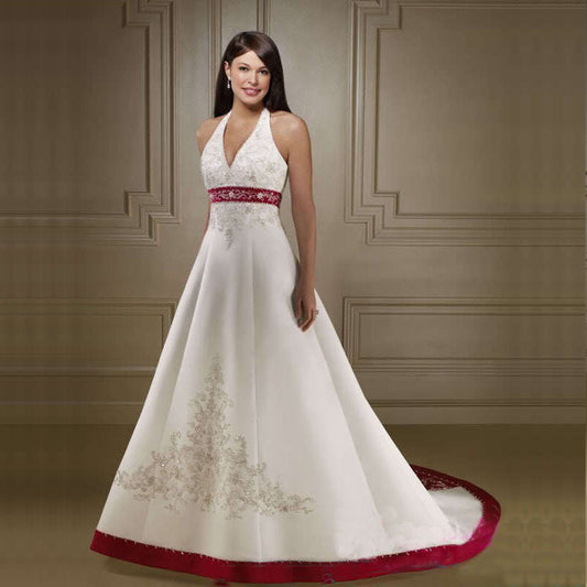 2021 White Ivory and Royal Blue A Line Wedding Dress Halter Neck Embroidery bea image 0