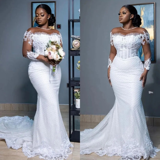 African White Mermaid Wedding Dresses Women Elegant Sheer Long Sleeved Bridal G image 0