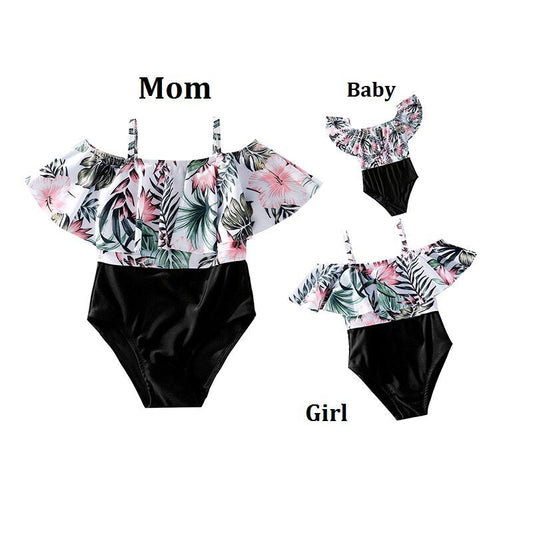 Family Set Flower Mother Daughter Matching Swimsuits Ruffled Mommy and Me Mom Mum Baby Swimwear Clothes Women Girls Bath Suits