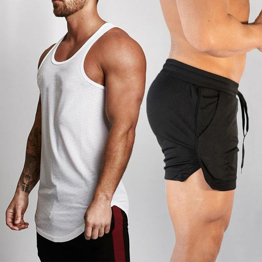 2pcs Sets Tank Top+Shorts Men Summer Joggers Suits Bodybuilding Fitness Men Tracksuits Gym Clothing Streetwear Mesh Sweatpant