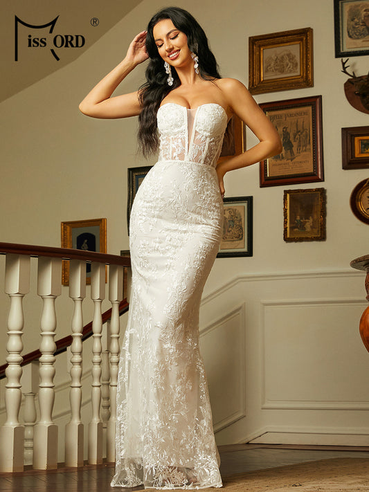Missord White Lace Wedding Dress Elegant Women Strapless See Throught Bodycon E image 0