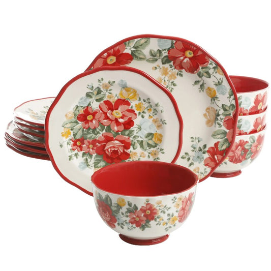 The Pioneer Woman Vintage Floral 12-Piece Dinnerware Set, Teal