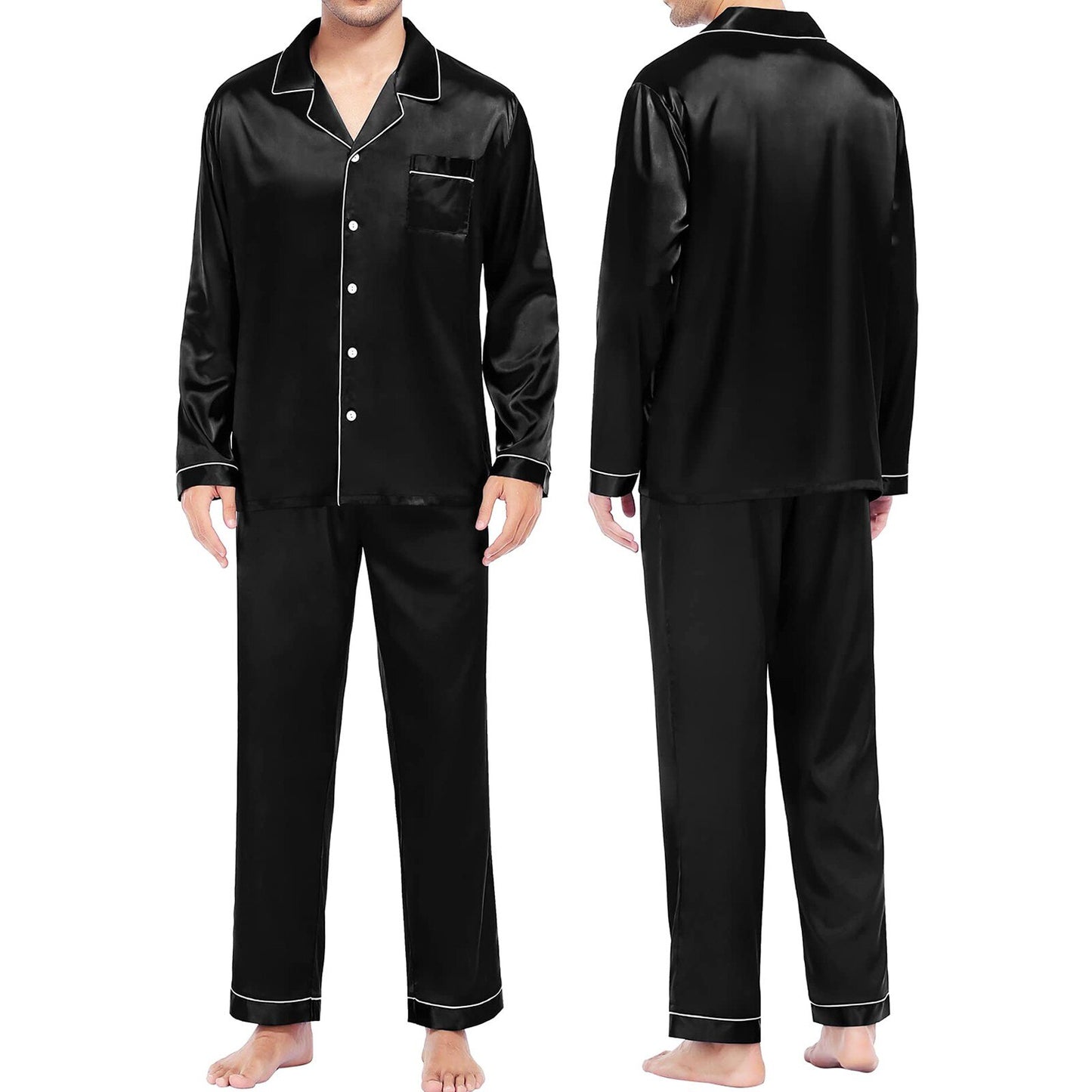 Men's Casual Pyjamas Long Sleeve Blouse Button Silk Satin Two Piece Sleepwear