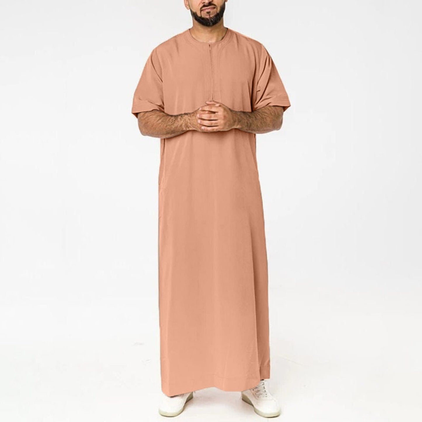 Mens Solid Color Muslin Robes Saudi Style Zipper Man Vintage Short Sleeve O Neck