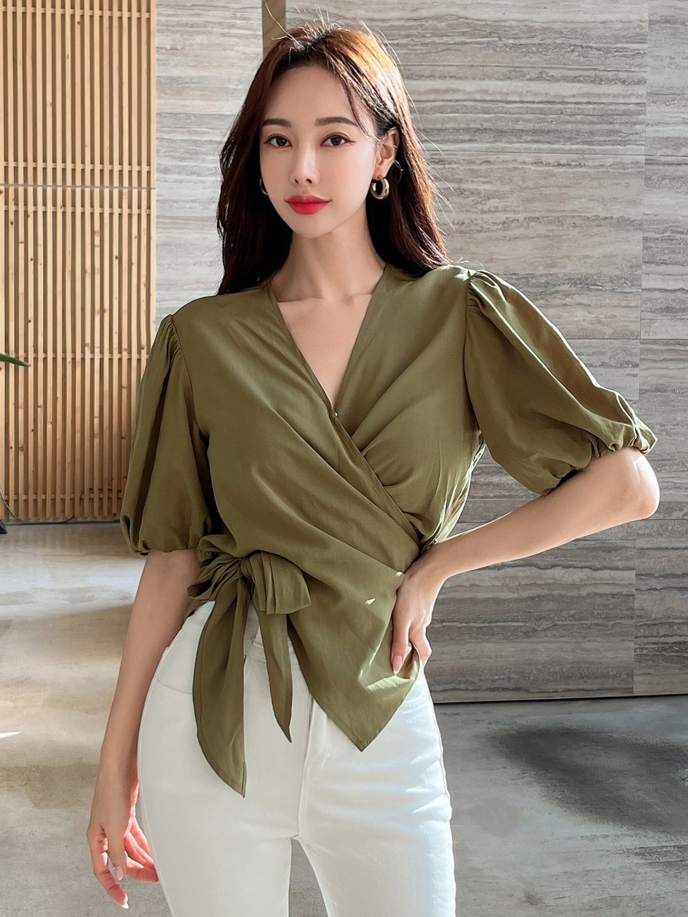 DAZY Puff Sleeve Knot Side Wrap Blouse