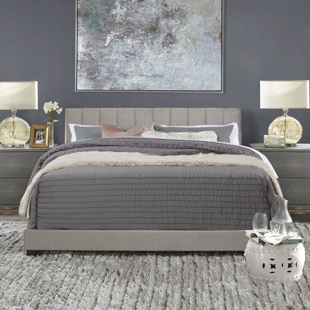 Reece Channel Stitched Upholstered Queen Bed, Platinum Grey, By Hillsdale Livin