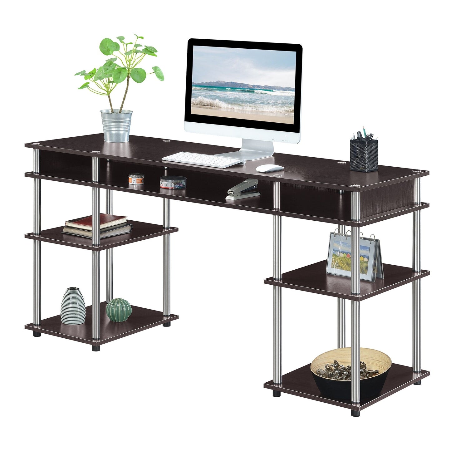 60 Inch Deluxe Student Desk with Shelves, Black/Silver Poles Computer Table