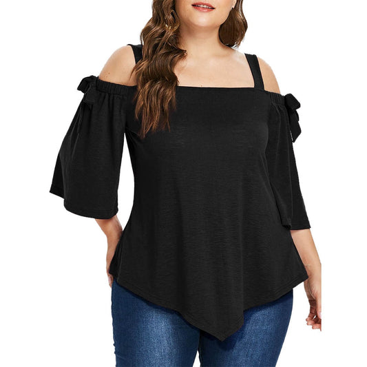 Plus Size Tshirt Tops Women Casual Asymmetric Cold Shoulder Tops Bow