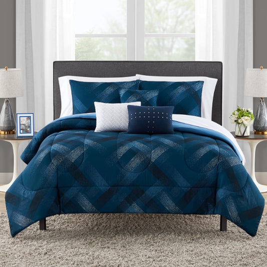 Mainstays Navy Plaid 10 Piece Bed in a Bag Comforter Set With Sheets, Queen