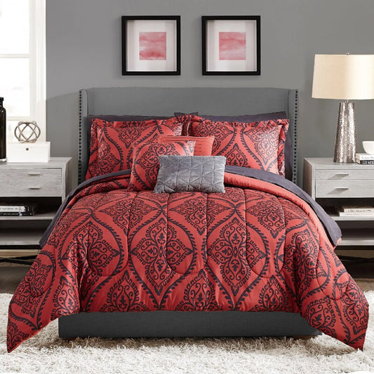 Mainstays Red and Black Damask 8 Piece Bed in a Bag Comforter Set with Sheet