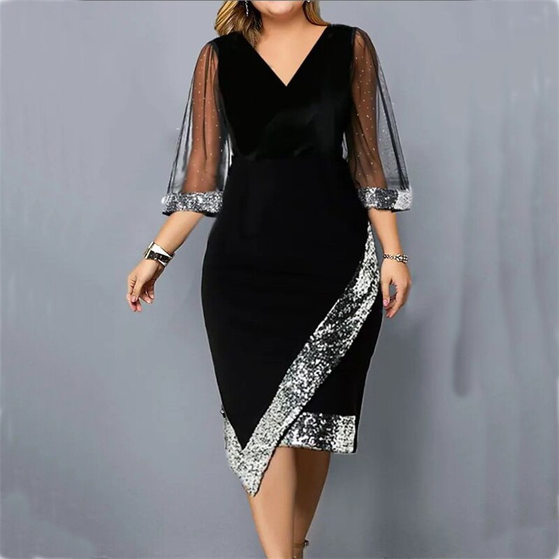 Women Plus Size Curve Sequin Evening Dresses V Neck Ruched Mesh Sleeve