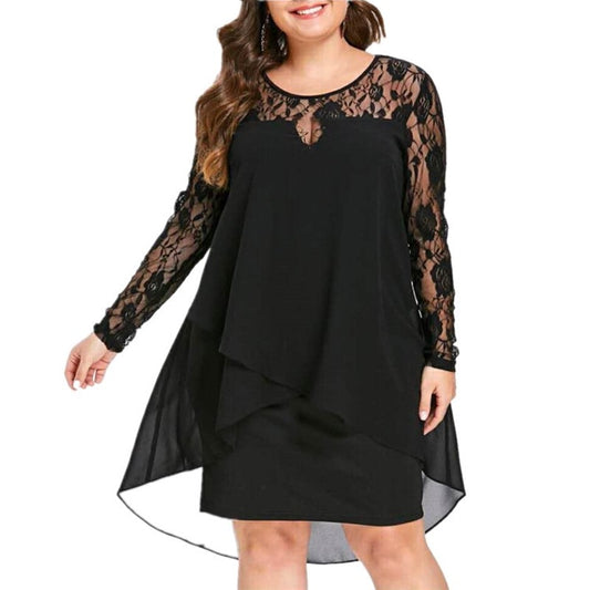 Women Plus Size Party Dress Solid Color Crew Neck Lace Full Sleeve Prom Midi