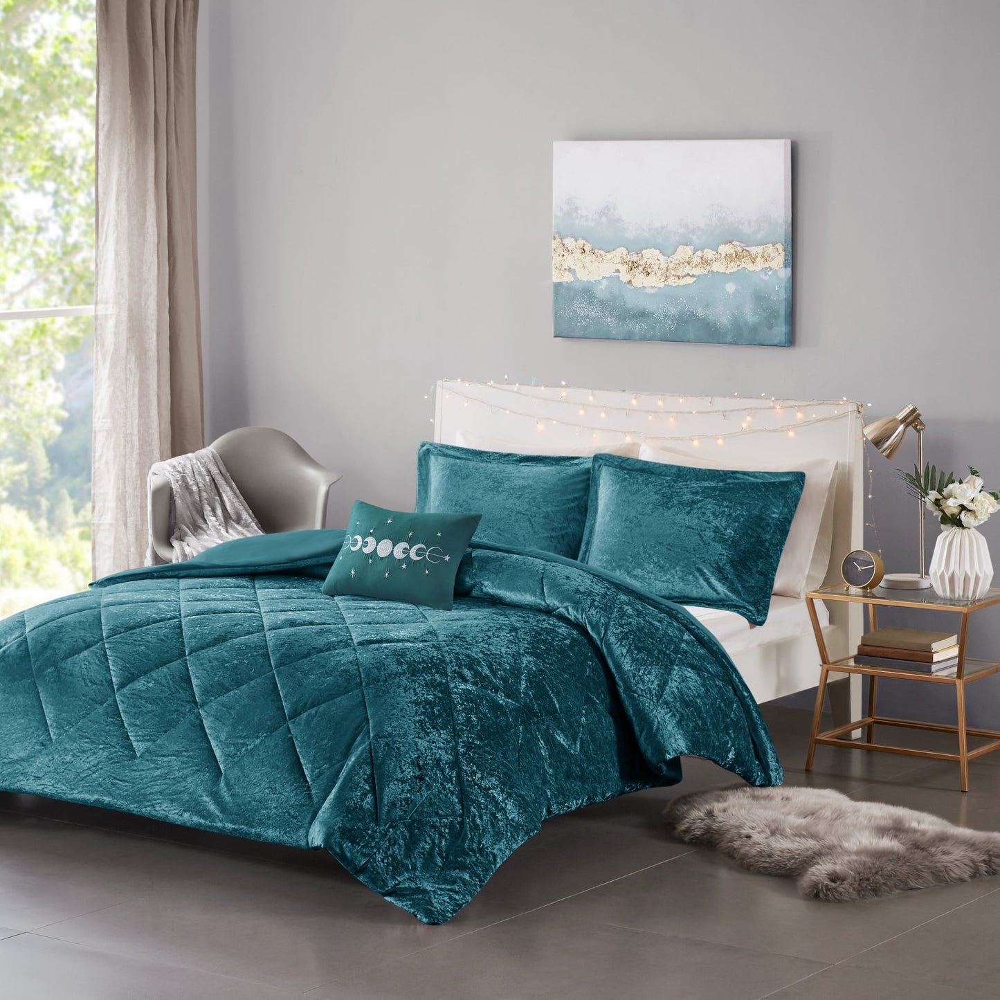 Housse De Couette Alyssa Diamond Quilted Velvet Duvet Cover Set, Teal, Full/Que