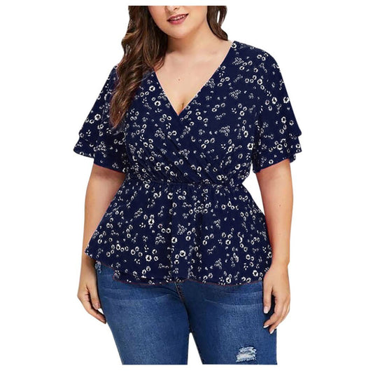 Plus Size Flower Print Tops Women's Fashion blouse V Neck Short Sleeve Shirts