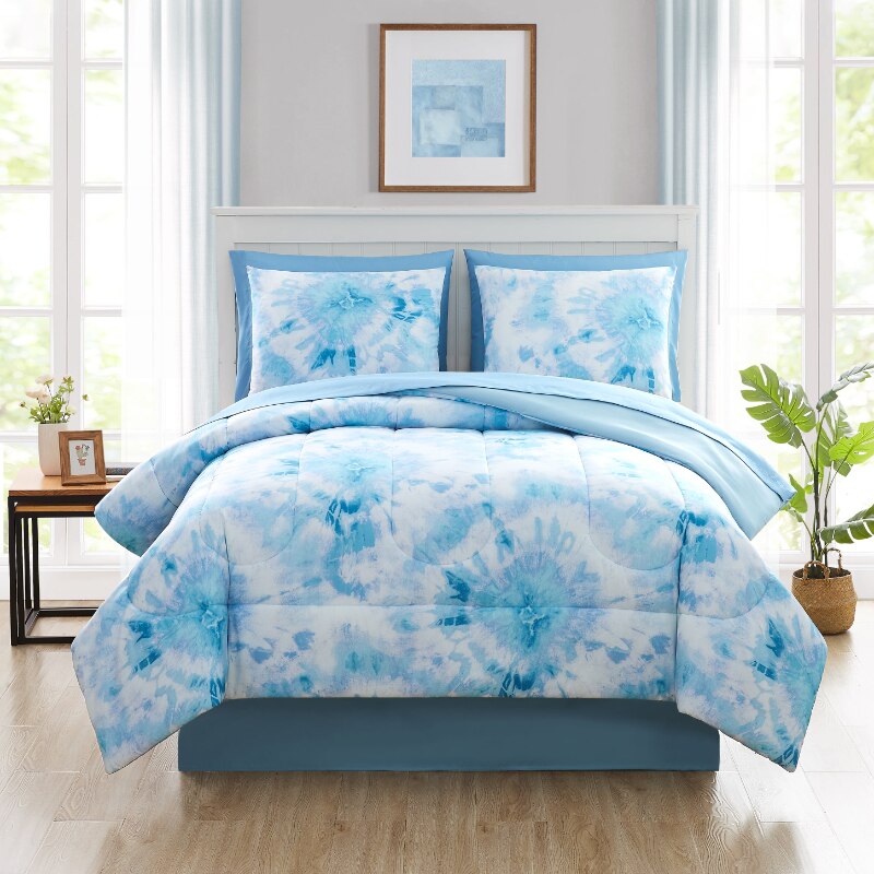 Mainstays Blue Tie Dye 8 Piece Bed in a Bag Comforter Set With Sheets, Full