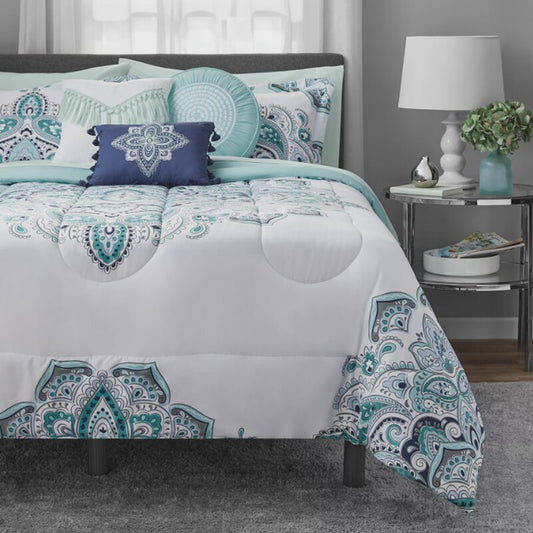 Mainstays Teal Medallion 10 Piece Bed in a Bag Comforter Set with Sheets, Queen