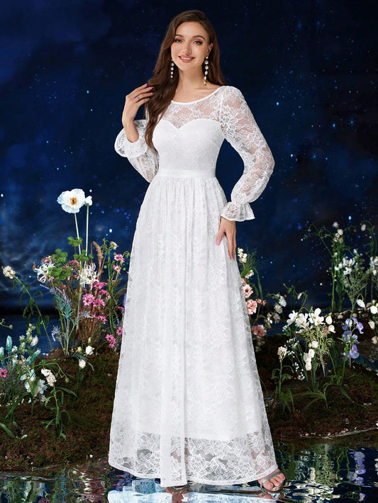 MIUSOL Full Floral Lace White Wedding Formal Maxi Dress image 0