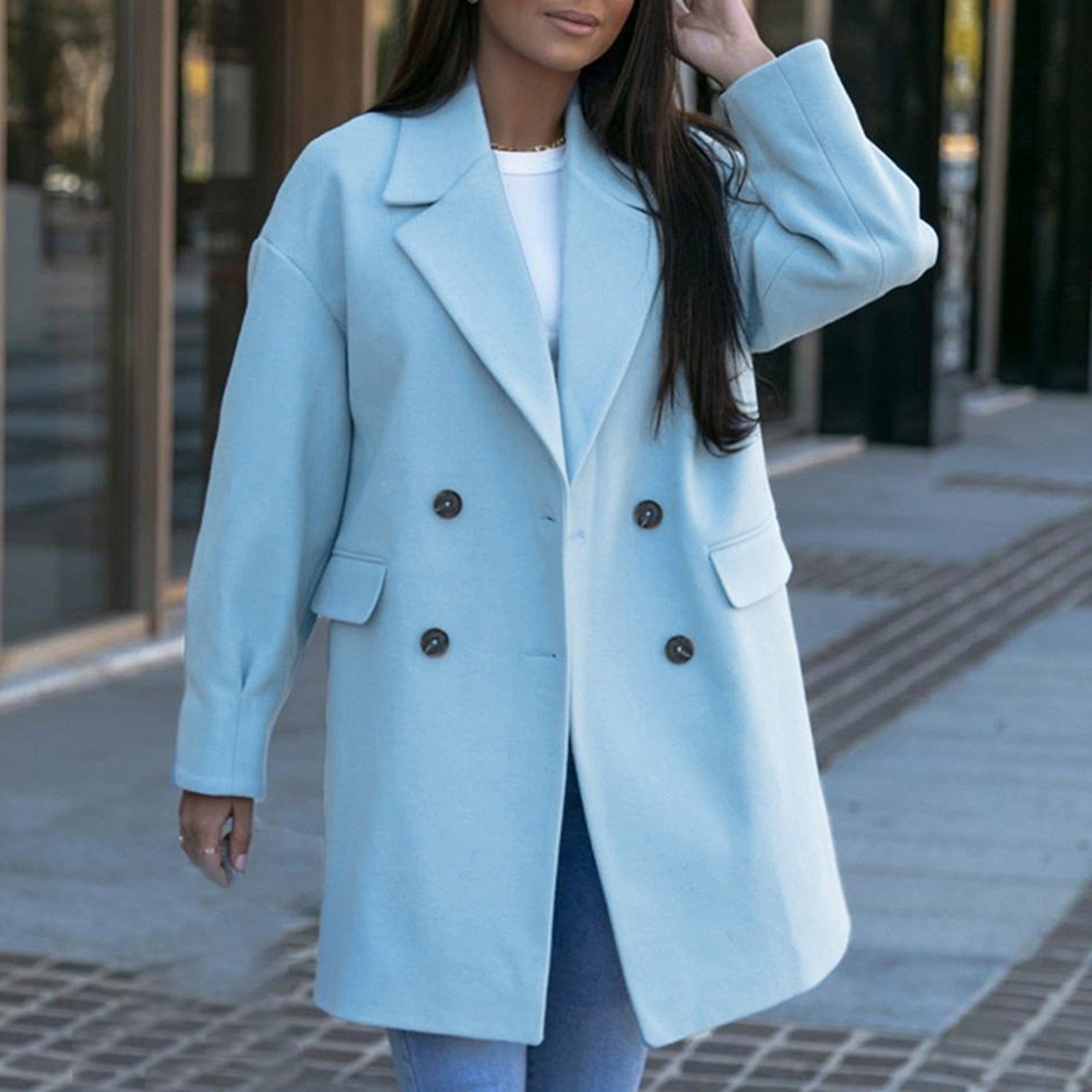 Womens Autumn Winter Elegant Solid Color Overcoat Long Sleeve Turndown Collar D image 2