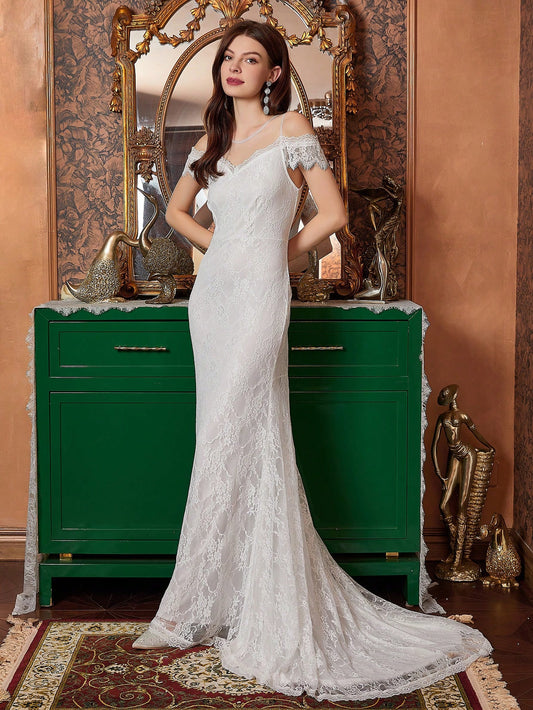 White Mesh Yoke & Lace Mermaid Wedding Dress image 0