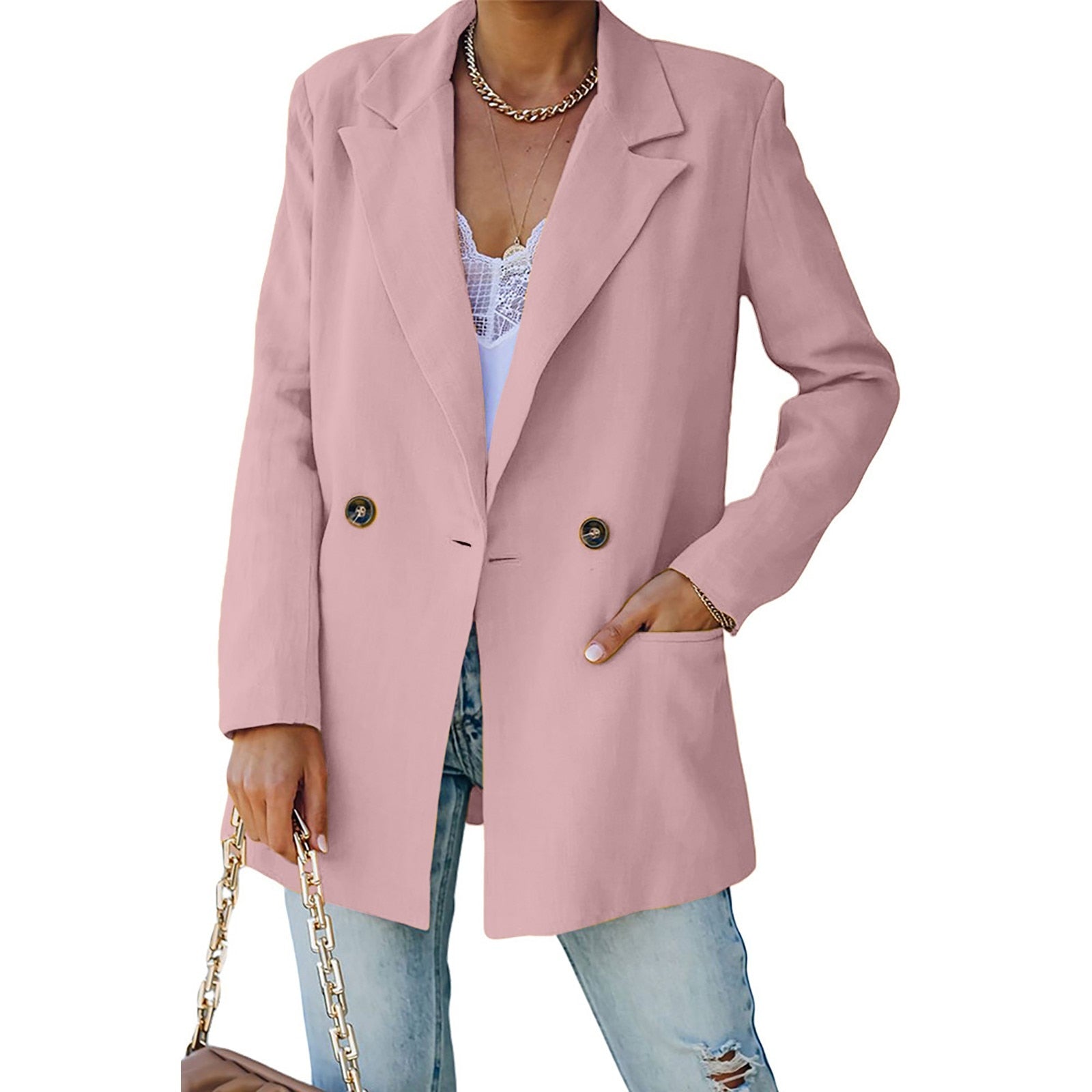 Women's Solid Color V Neck Lapel Double Kuckle Lohas Time Style Coat Casual Ver image 1