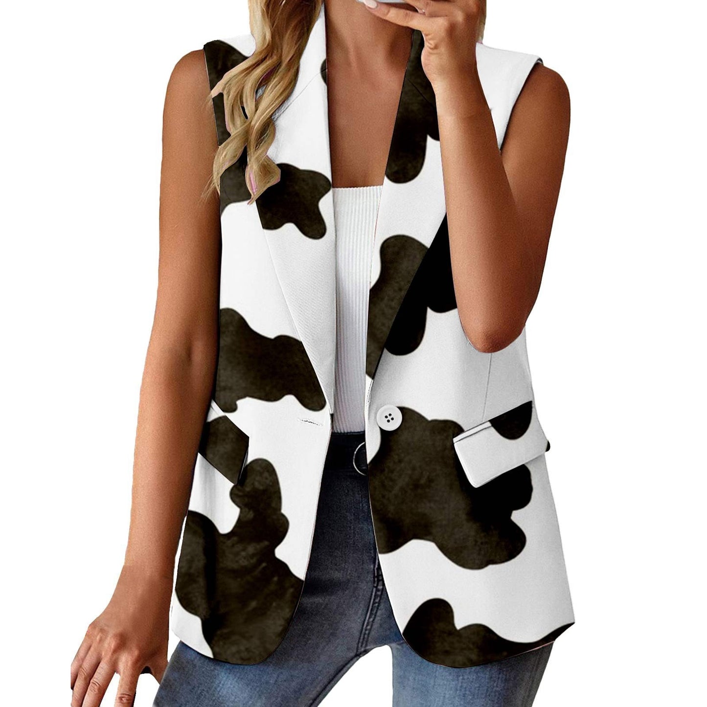 Womens Sleeveless Suit Blazer Vests Coats Cardigan Lapel Cow Print Jacket With image 7