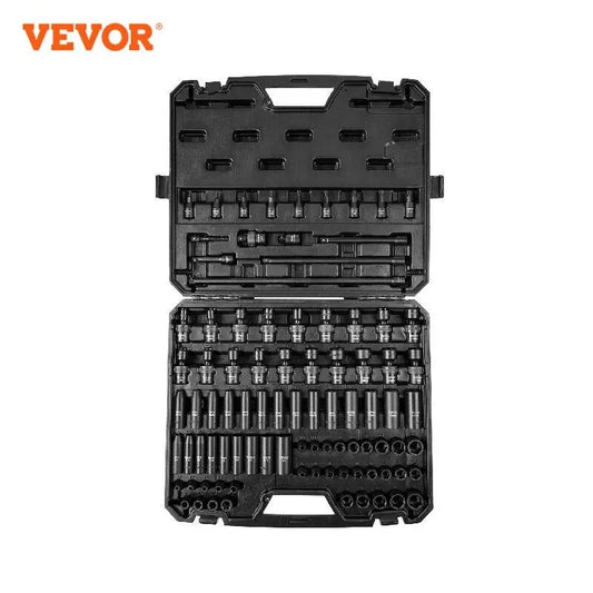 VEVOR 1/2in 3/8in Drive Impact Socket Set SAE or Metric 90 PCs Cr-Mo Socket Set image 0