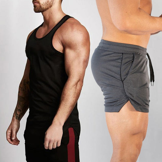 2pcs Sets Tank Top+Shorts Men Summer Joggers Suits Bodybuilding Fitness Men Tracksuits Gym Clothing Streetwear Mesh Sweatpant