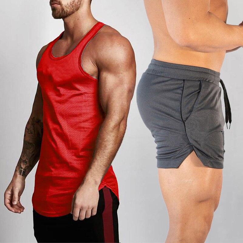 2pcs Sets Tank Top+Shorts Men Summer Joggers Suits Bodybuilding Fitness Men Tracksuits Gym Clothing Streetwear Mesh Sweatpant