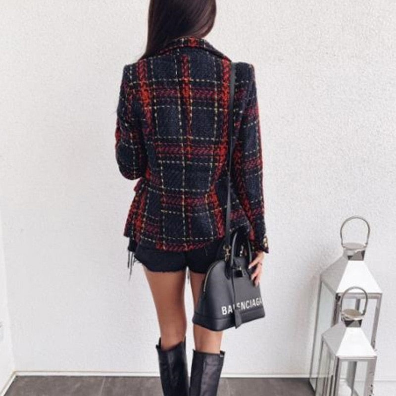 Vintage Red Plaid Blazers Women Double Breasted Autumn Tweed Suits Coats Lapel image 5