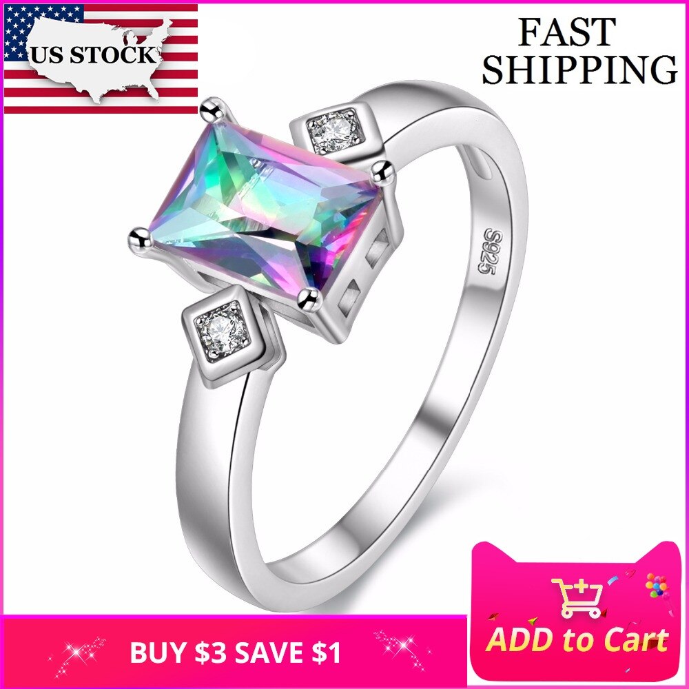 US STOCK Uloveido Wedding Jewelry Rings for Women Rainbow Zirconia Rectangle Ring Female Multicolor Ringen Silver Color Y3382