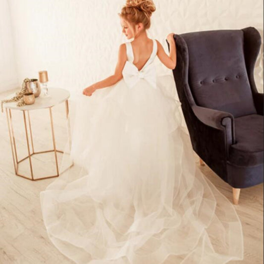 Ball Gown White Bridesmaid Dress Girls Wedding Party Flower Girl Dresses Kids P image 0