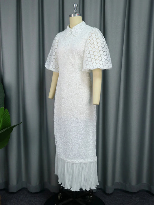 White Lace Dresses for Women Wedding Guests Elegant Turn Down Collar Puff Sleev image 0