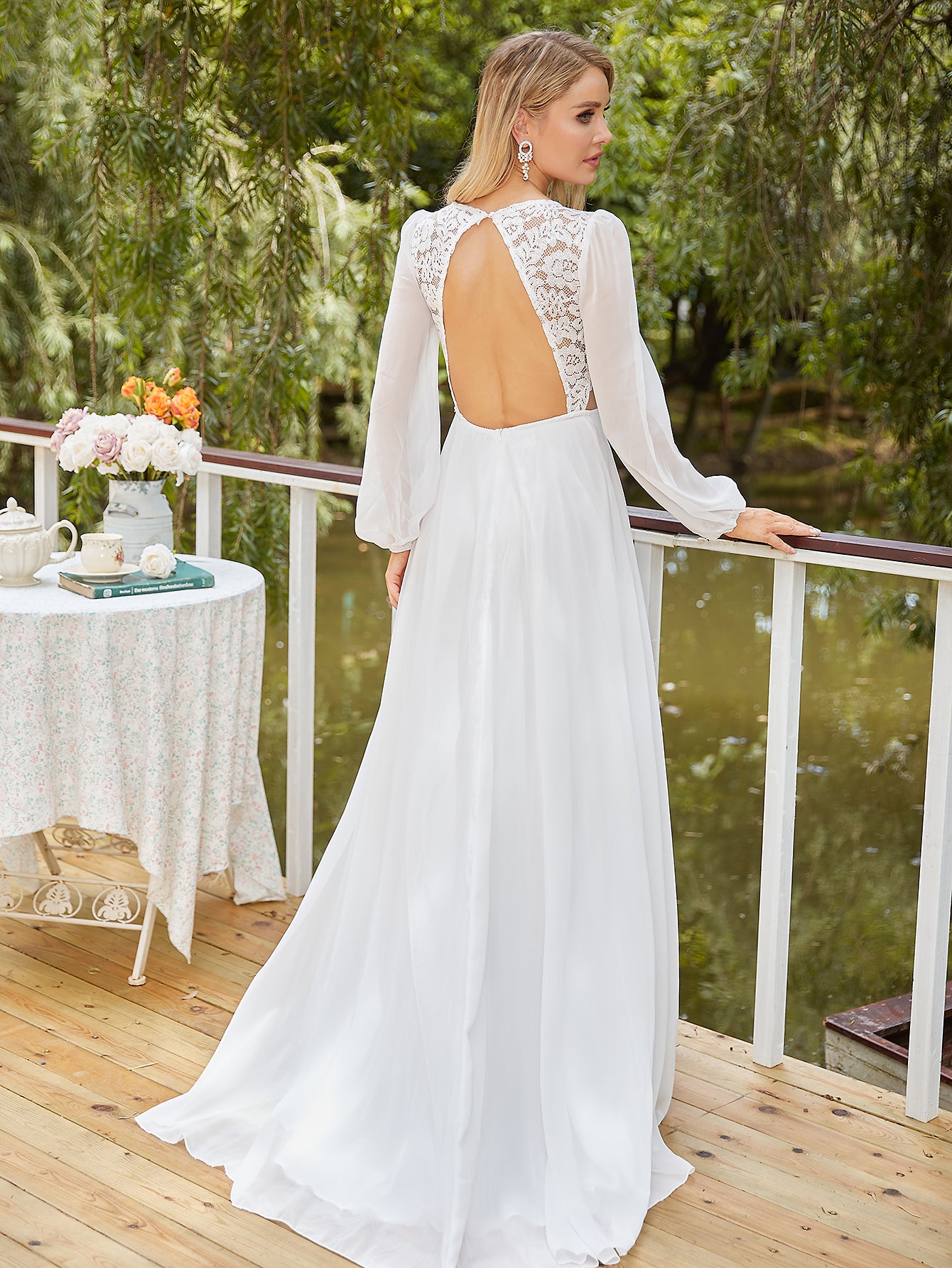 Women's V-Neck Lace Beach Wedding Dress With Slit Long Sleeve Chiffon Bohemian image 1
