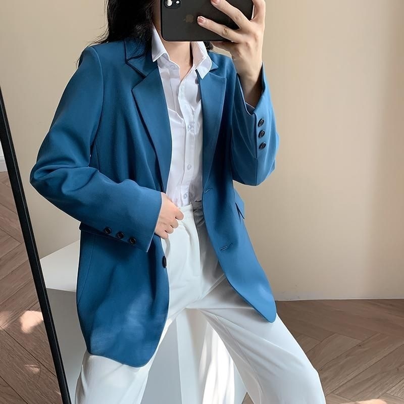 Blue Women Blazers Coat Spring New 2023 Korean Belt Tunic Single Button Jacket image 5
