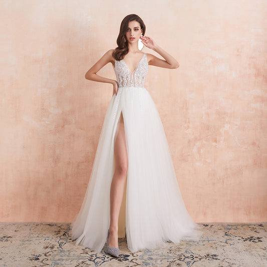 V Neck Wedding Dresses White Sexy High Splits Beaded Beading Pearls Crystal A L image 0