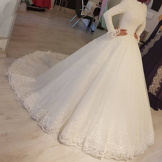 2023 White Arabic Muslim Wedding Dresses Princess High Neck Long Sleeves Lace A image 0