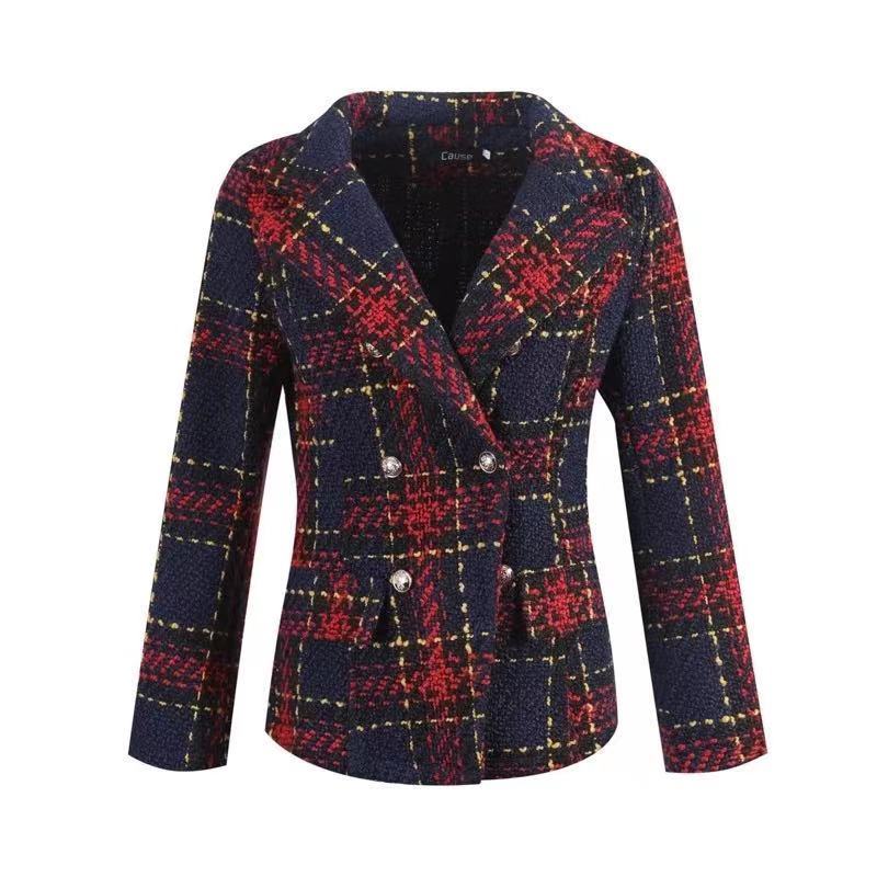 Vintage Red Plaid Blazers Women Double Breasted Autumn Tweed Suits Coats Lapel image 2