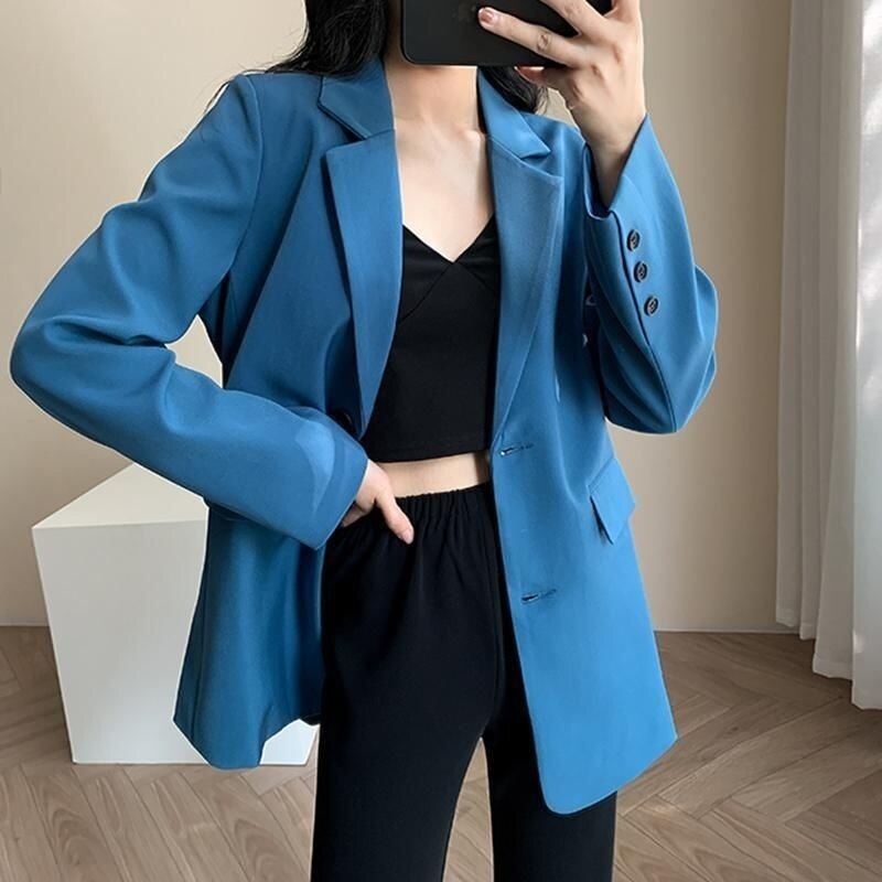 Blue Women Blazers Coat Spring New 2023 Korean Belt Tunic Single Button Jacket image 4