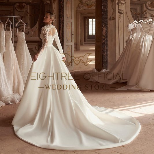 Eightree Formal Mermaid Wedding Dresses White Long Sleeve Appliques Satin Weddi image 0