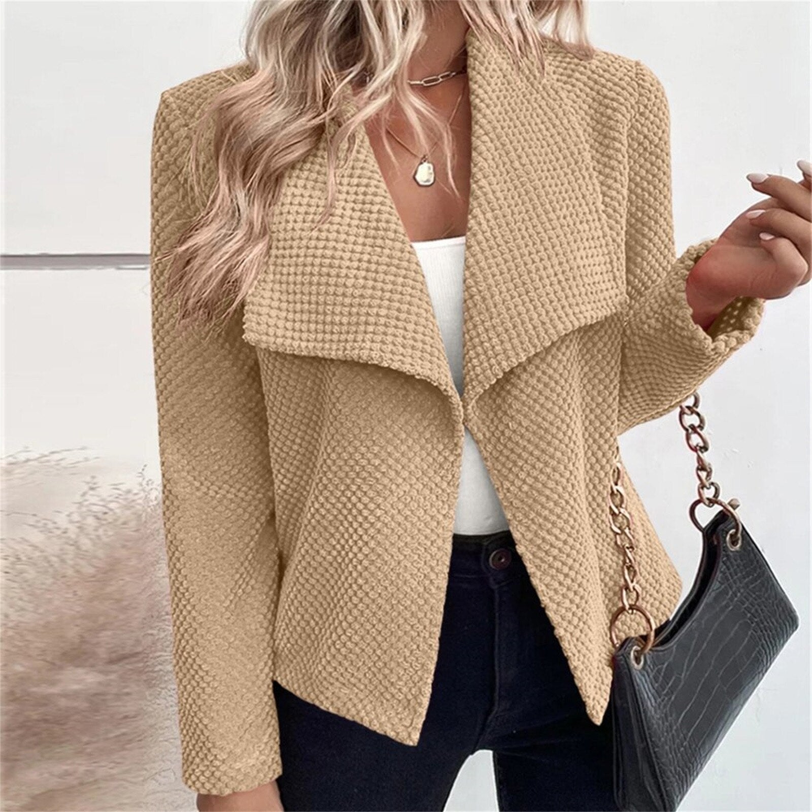 2023 European And American Autumn And Winter Lapel Solid Color Long Sleeved Sim image 2