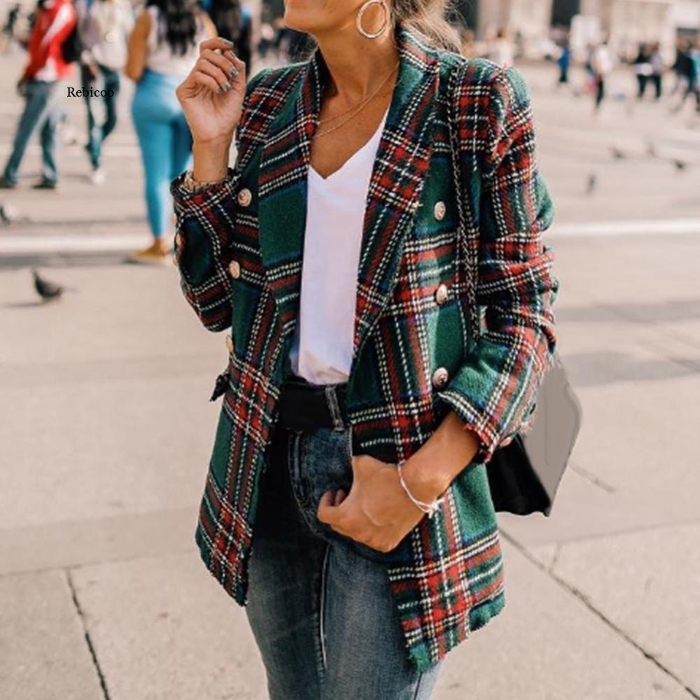 Red Plaid Blazer Women Spring-Autumn Vintage Tweed Suits Jackets Office Ladies image 7