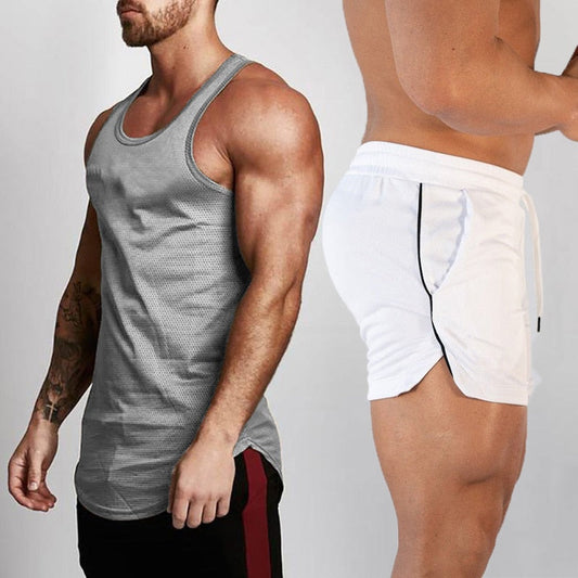 2pcs Sets Tank Top+Shorts Men Summer Joggers Suits Bodybuilding Fitness Men Tracksuits Gym Clothing Streetwear Mesh Sweatpant