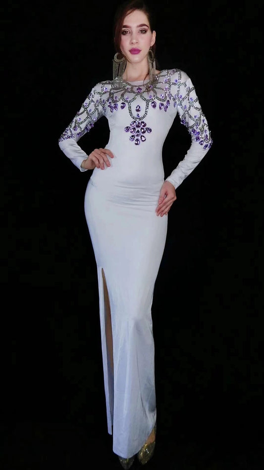 Elegant Long Sleeves White Rhinestone Bridesmaid Wedding Party Long Dress Ladie image 0